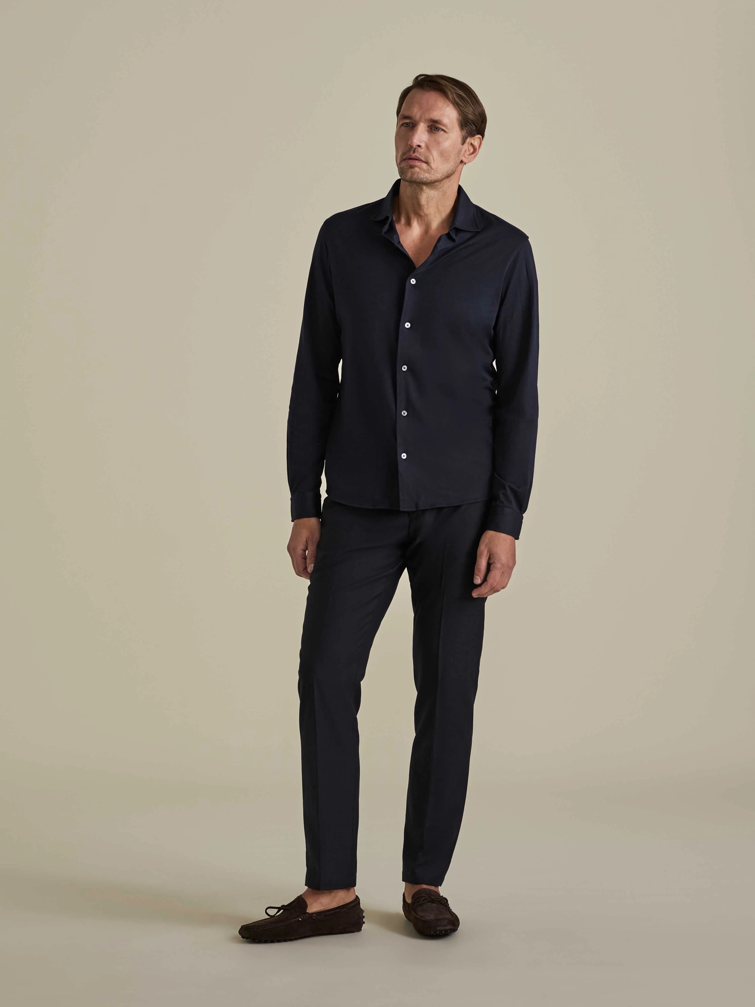 Cotton Jersey Long Sleeve Button Through Polo Shirt