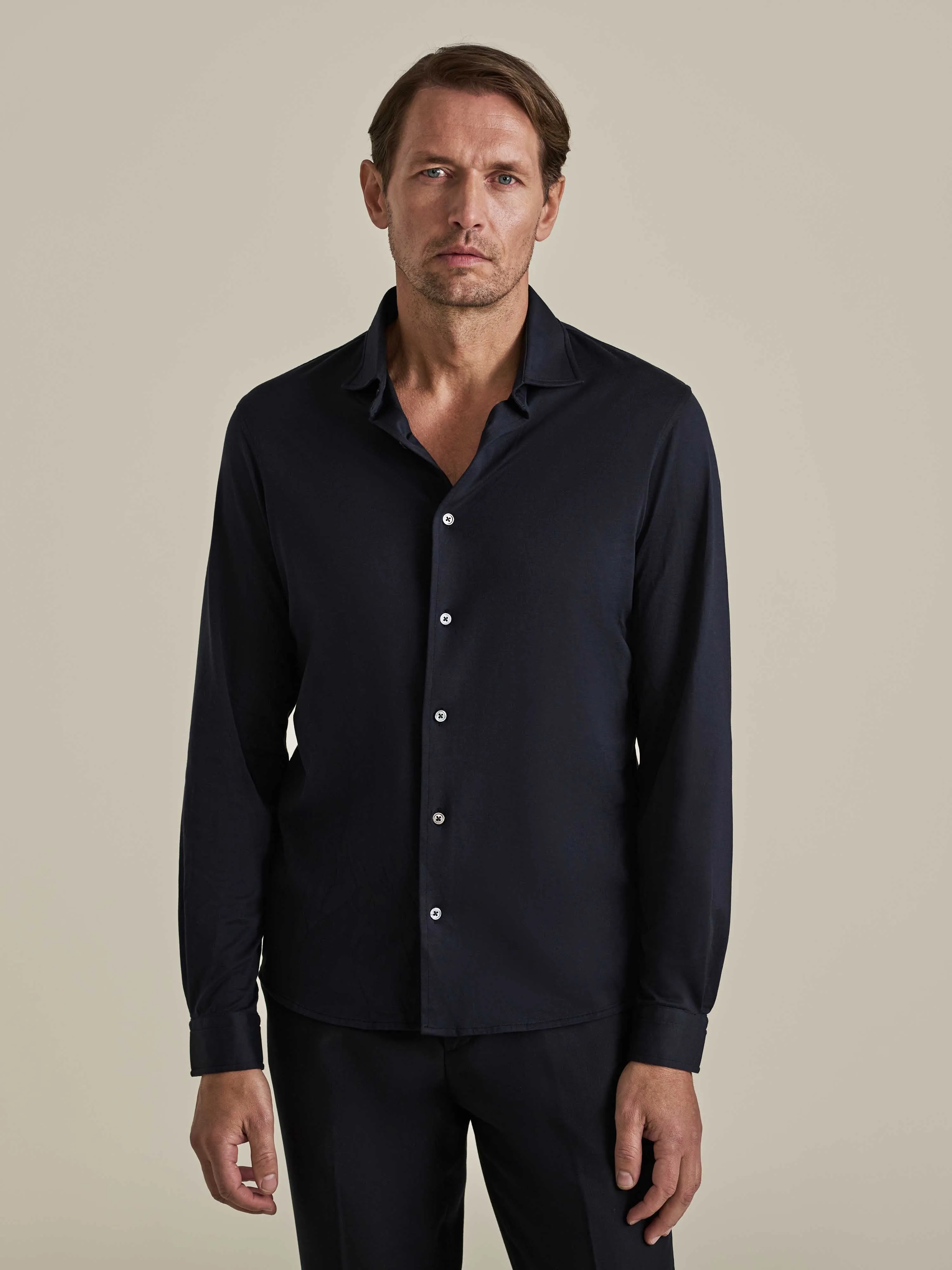 Cotton Jersey Long Sleeve Button Through Polo Shirt