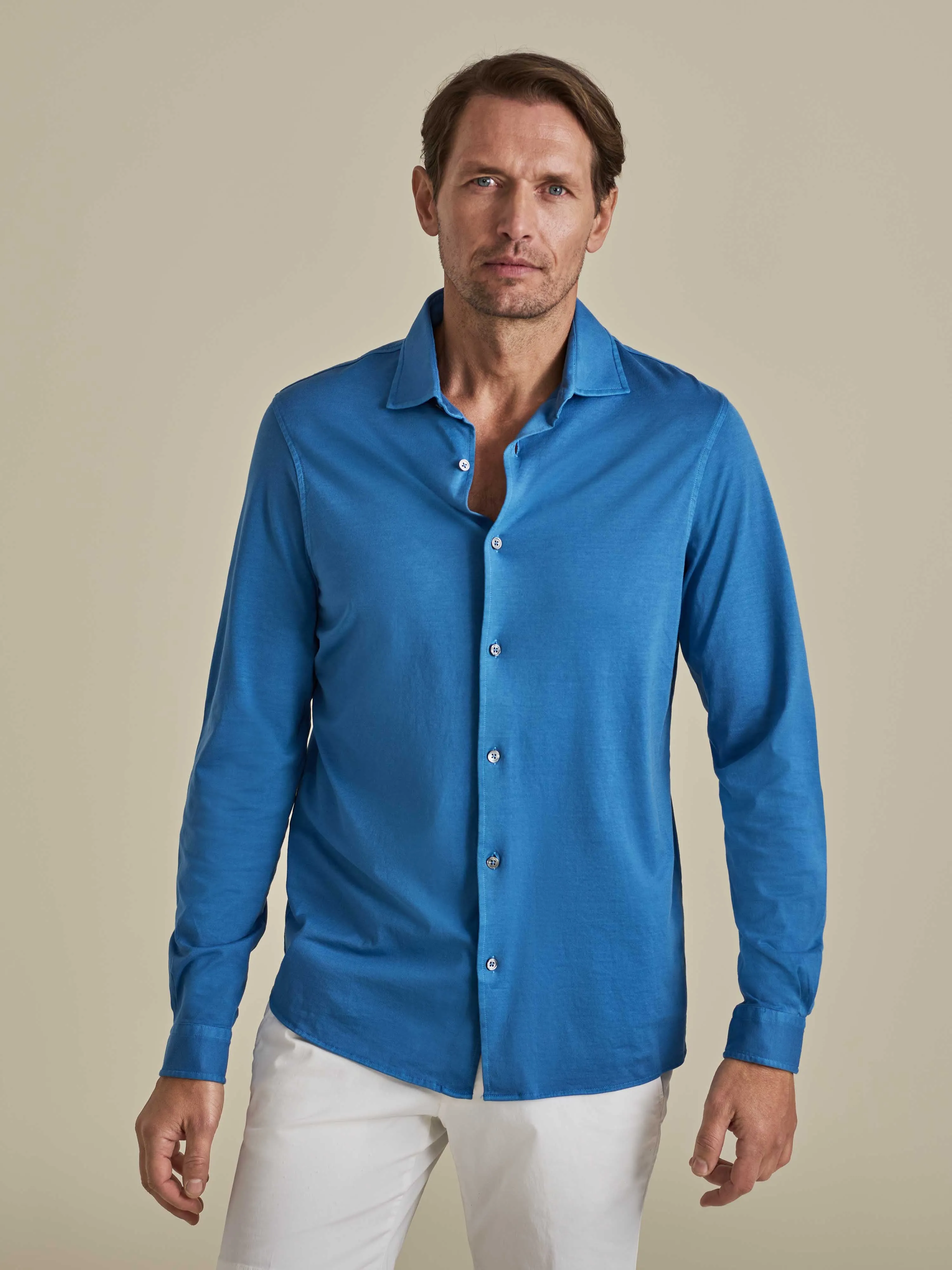 Cotton Jersey Long Sleeve Button Through Polo Shirt
