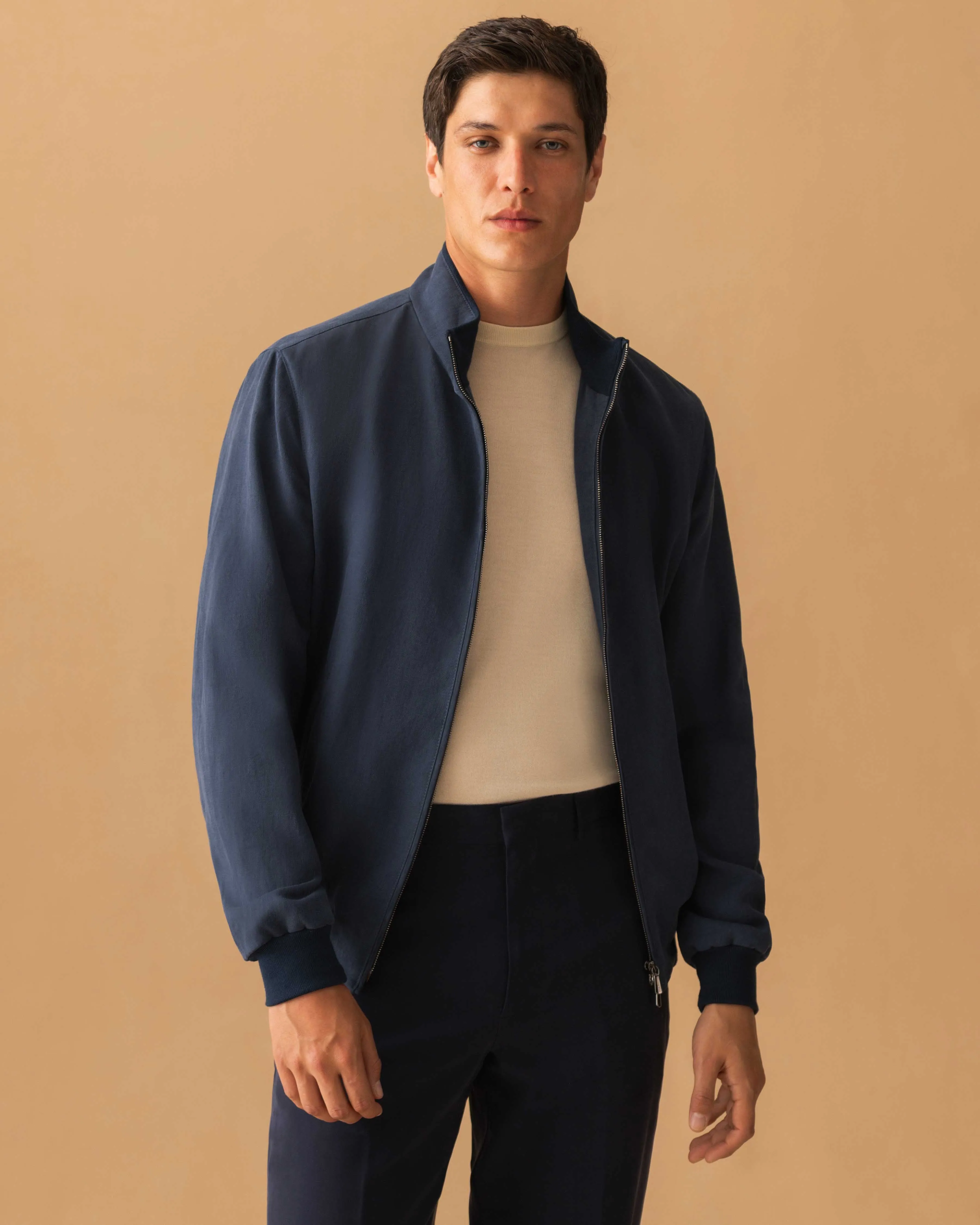Linen Zip-Through Mock Collar Bomber Jacket