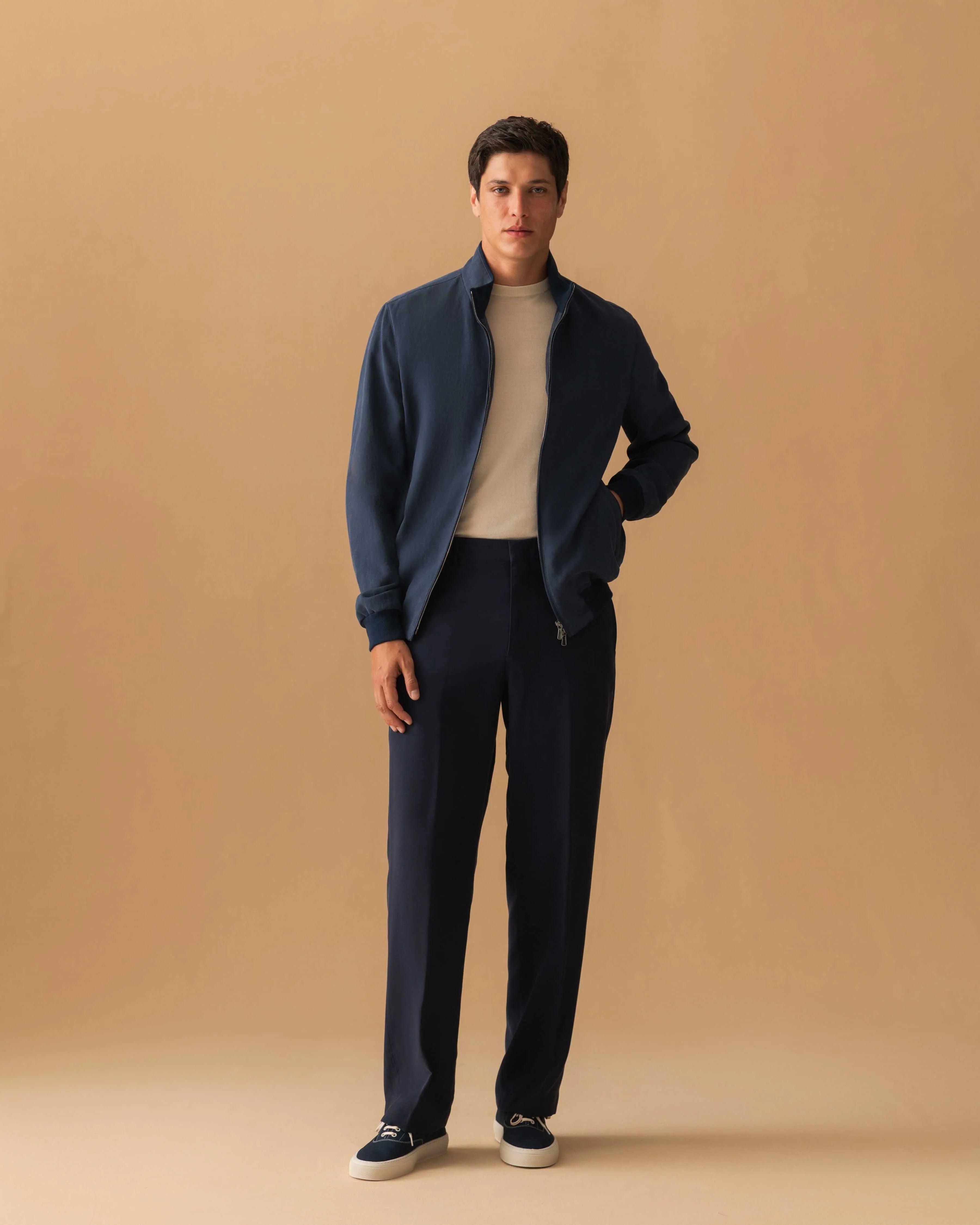 Linen Zip-Through Mock Collar Bomber Jacket