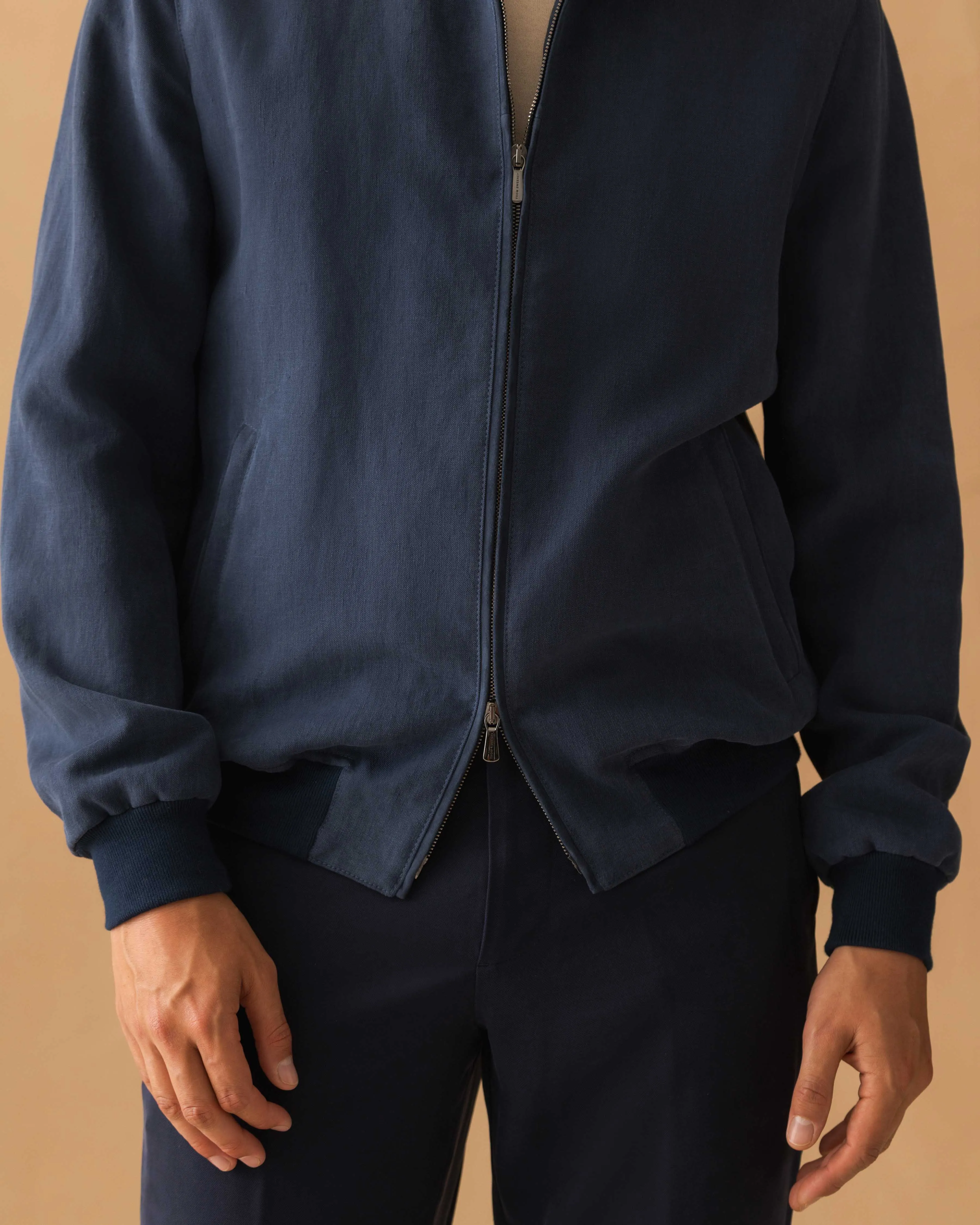 Linen Zip-Through Mock Collar Bomber Jacket