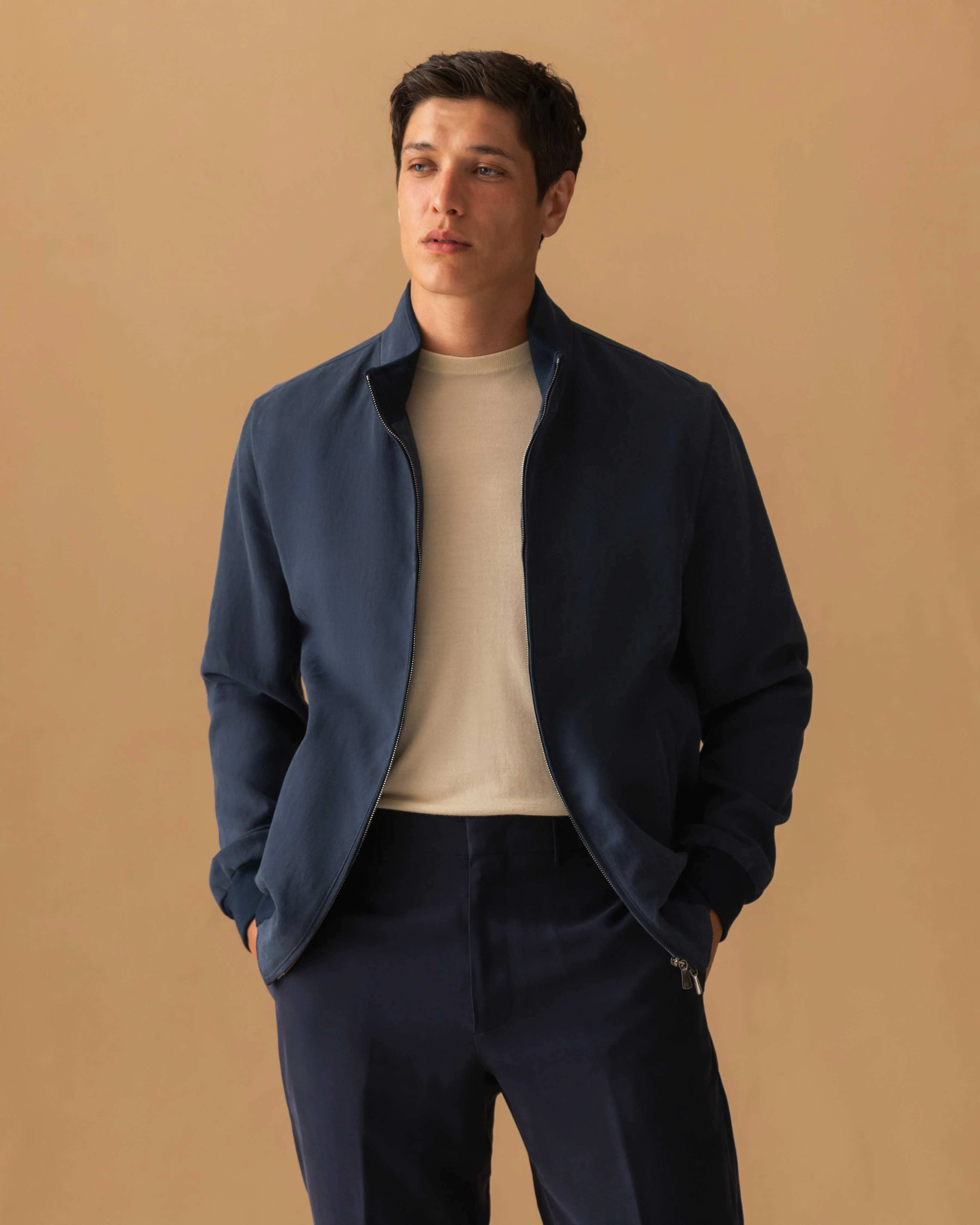 Linen Zip-Through Mock Collar Bomber Jacket