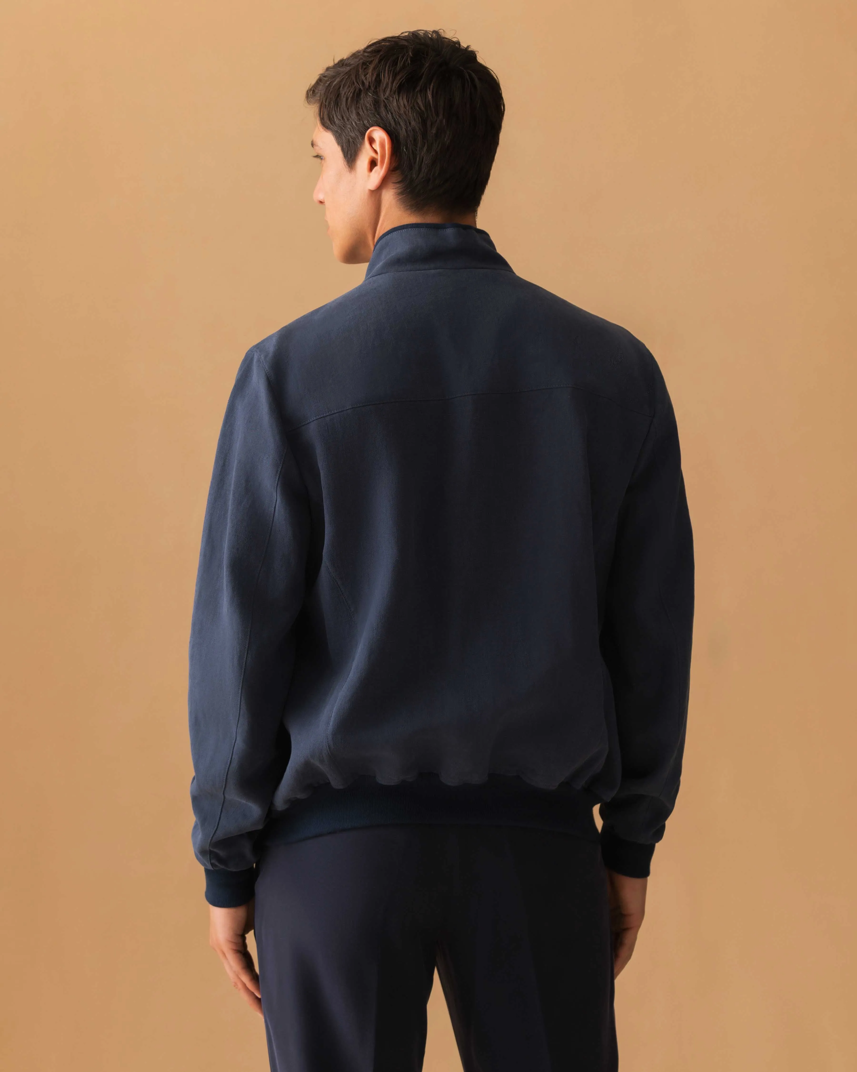 Linen Zip-Through Mock Collar Bomber Jacket