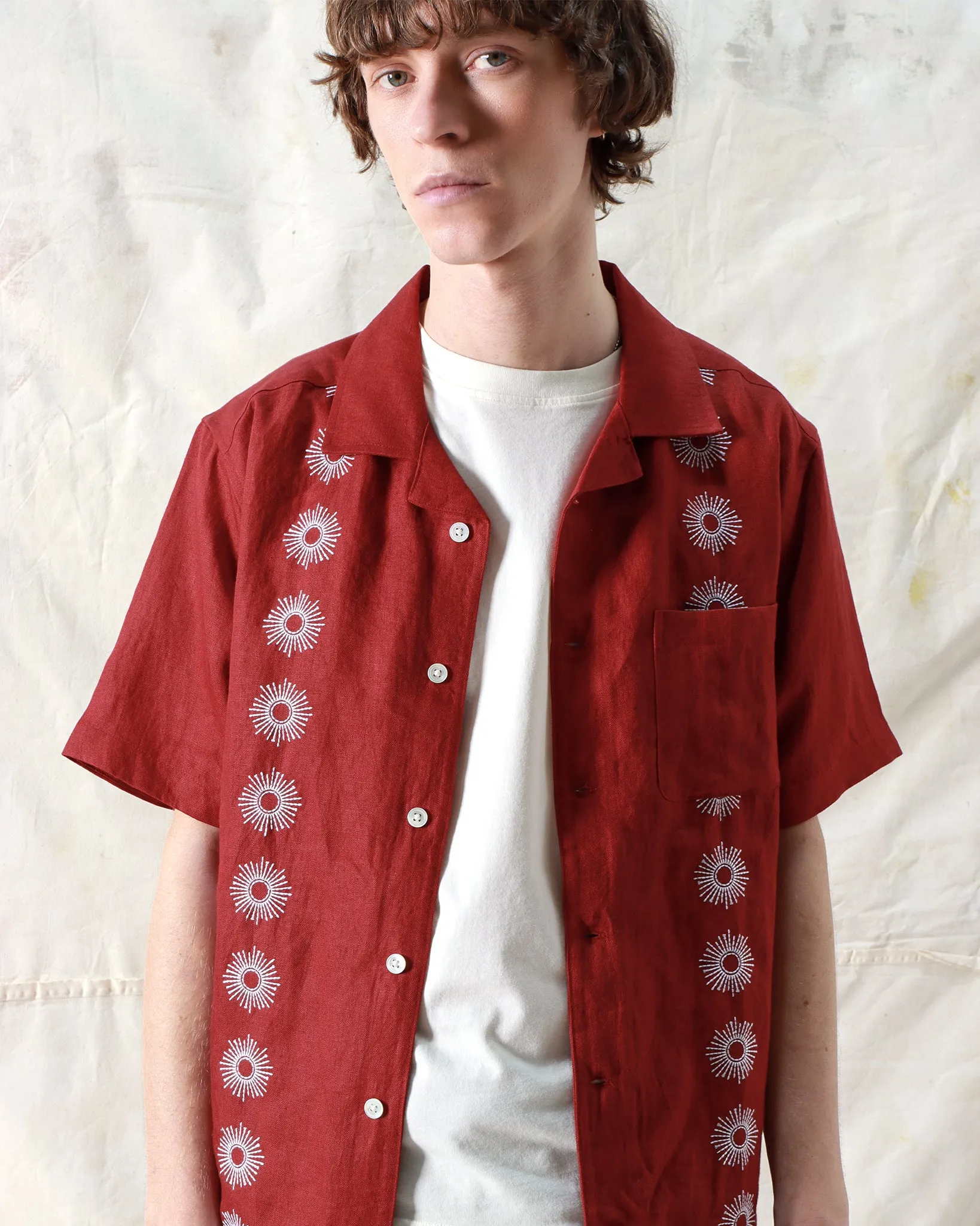 Stachio Shirt - Sol Stripe Embroidery Deep Red