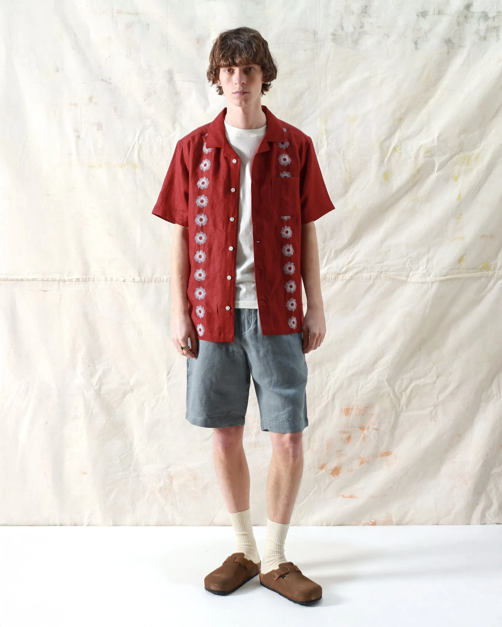 Stachio Shirt - Sol Stripe Embroidery Deep Red