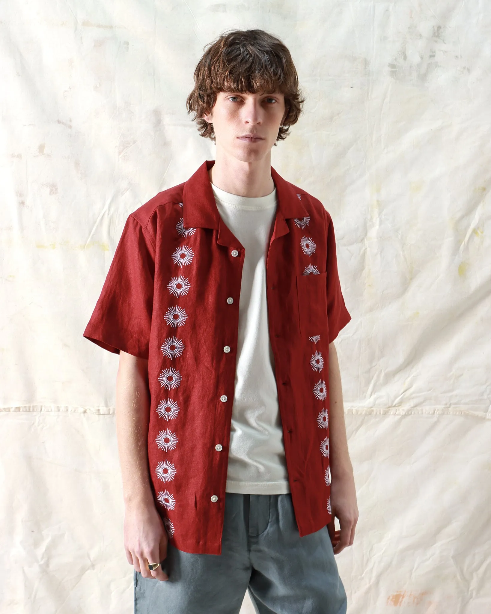 Stachio Shirt - Sol Stripe Embroidery Deep Red
